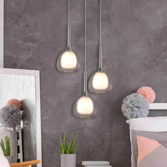 CANDEEIRO DE TECTO 3 LUZES VIDRO EXTERIOR TRANSPARENTE INTERIOR BRANCO Ø38 NOLINA