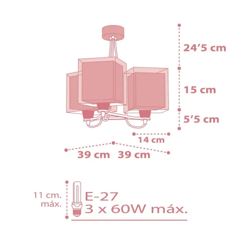 CANDEEIRO DE TECTO 3 LUZES KOALA ROSA