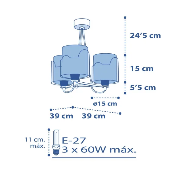 CANDEEIRO DE TECTO 3 LUZES LITTLE ELEPHANT AZUL