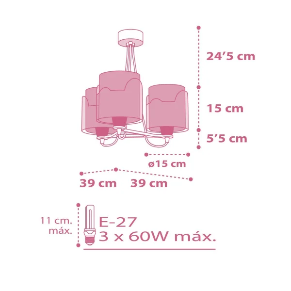 CANDEEIRO DE TECTO 3 LUZES LITTLE ELEPHANT ROSA