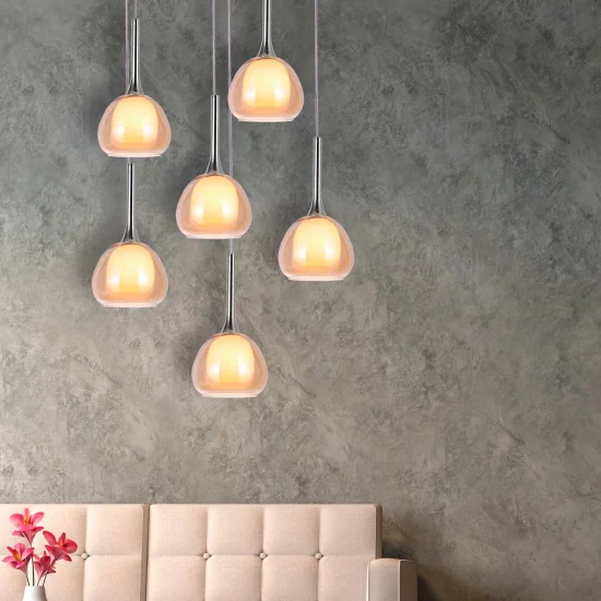 CANDEEIRO DE TECTO 6 LUZES VIDRO EXTERIOR ÂMBAR INTERIOR BRANCO Ø65 NOLINA