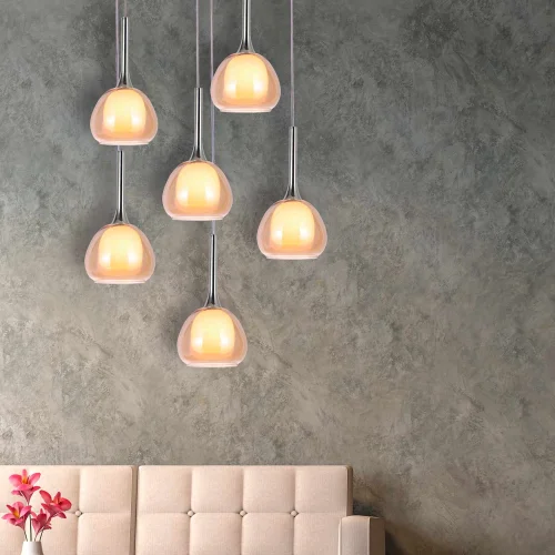 CANDEEIRO DE TECTO 6 LUZES VIDRO EXTERIOR ÂMBAR INTERIOR BRANCO Ø65 NOLINA