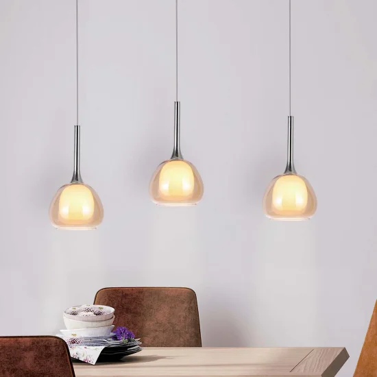 CANDEEIRO DE TECTO 3 LUZES VIDRO CRISTAL EXTERIOR ÂMBAR INTERIOR BRANCO NOLINA