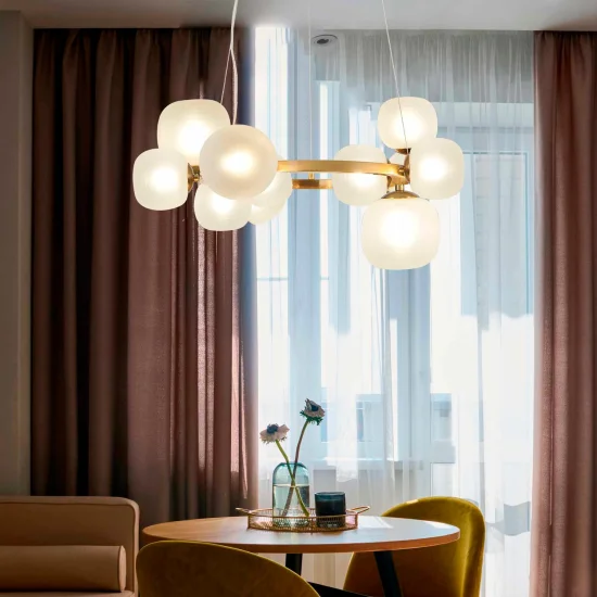 CANDEEIRO DE TECTO 11 LUZES FERRO DOURADO ABAJUR BRANCO NICOLETTA