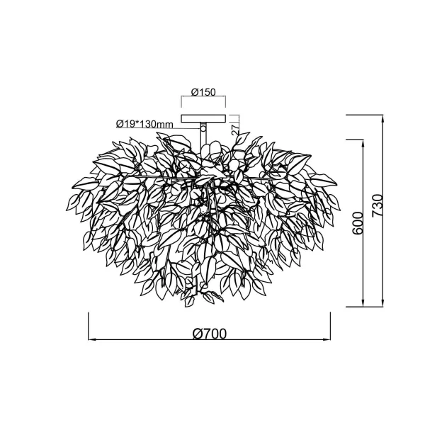 CANDEEIRO DE TECTO 3 LUZES Ø 70CM FOLHAS PRETAS