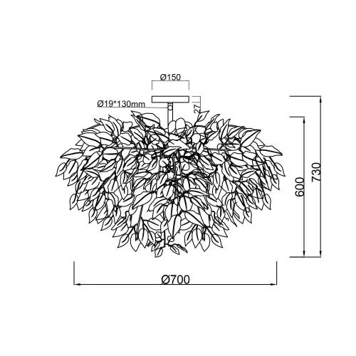CANDEEIRO DE TECTO 3 LUZES Ø 70CM FOLHAS PRETAS