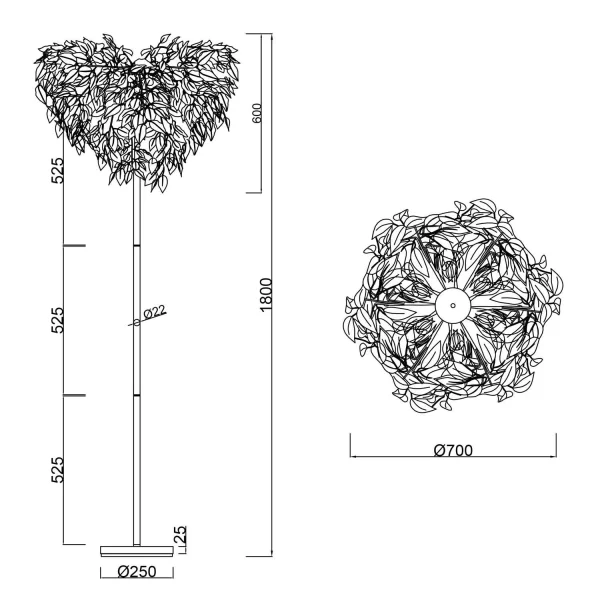 CANDEEIRO DE PISO 3 LUZES Ø 70CM FOLHAS PRETAS