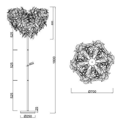CANDEEIRO DE PISO 3 LUZES Ø 70CM FOLHAS PRETAS