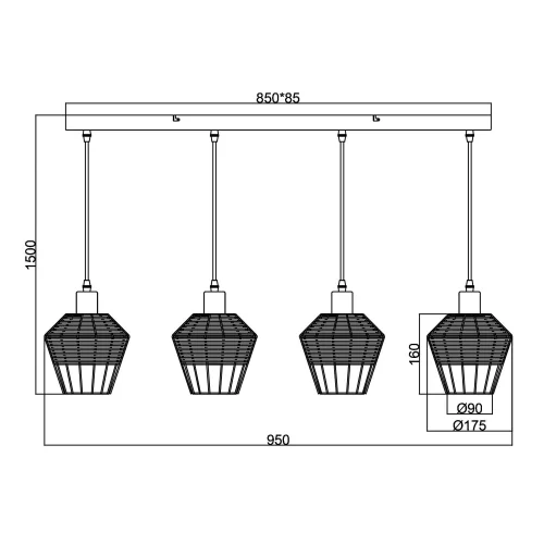 CANDEEIRO DE TECTO 4 LUZES RATTAN PRETO GALADRIEL