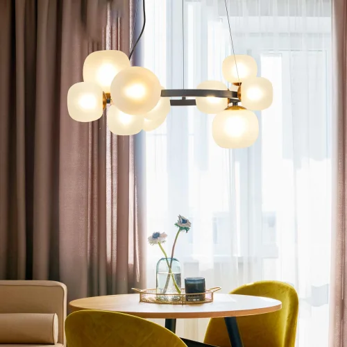 CANDEEIRO DE TECTO 11 LUZES DE FERRO PRETO COM ABAJUR BRANCO NICOLETTA