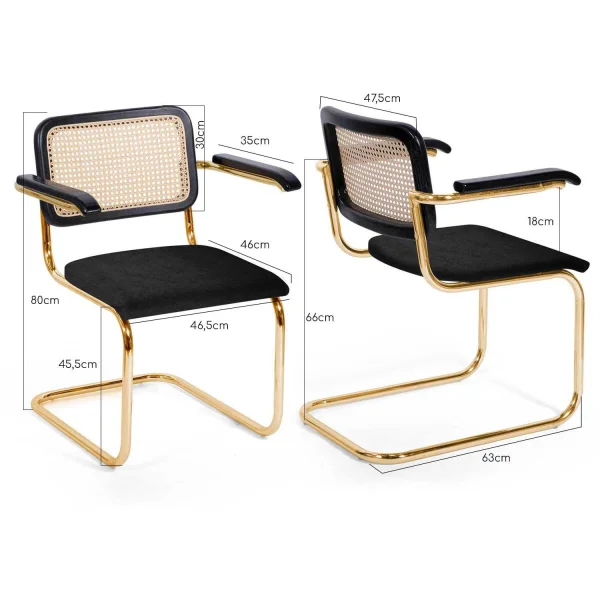 CADEIRA WEBSTER COM APOIOS DE BRAÇOS VELUDO PRETO PATAS DORADAS