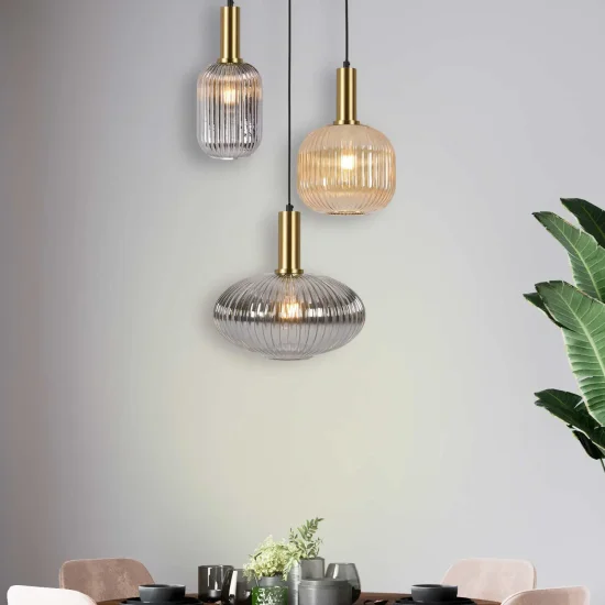 CANDEEIRO DE TECTO 3 LUZES ABAJURES COMBINADAS ÂMBAR/FUMO Ø40 E27 SHELBY