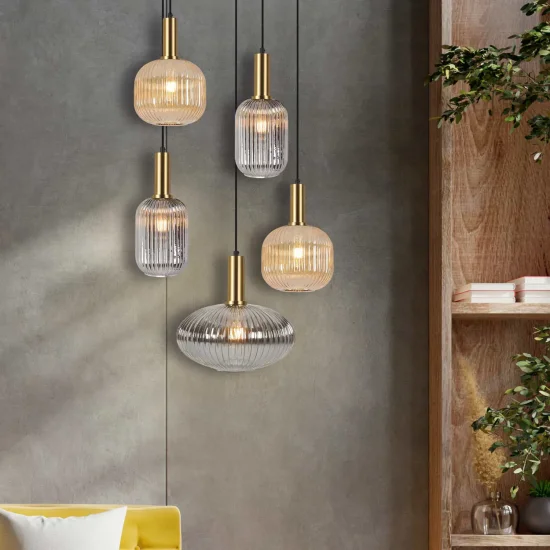 CANDEEIRO DE TECTO 5 LUZES ABAJURES COMBINADOS ÂMBAR/FUMO Ø70 E27 SHELBY