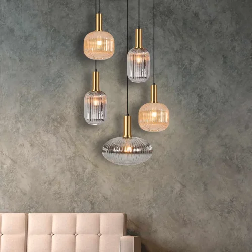 CANDEEIRO DE TECTO 5 LUZES ABAJURES COMBINADOS ÂMBAR/FUMO Ø70 E27 SHELBY