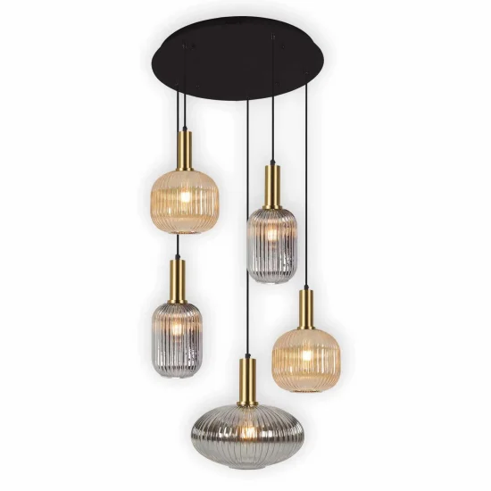 CANDEEIRO DE TECTO 5 LUZES ABAJURES COMBINADOS ÂMBAR/FUMO Ø70 E27 SHELBY 2