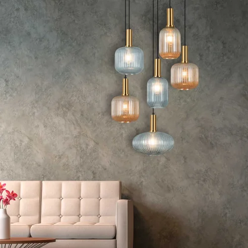 CANDEEIRO DE TECTO 6 LUZES ABAJURES COMBINADAS ÂMBAR/FUMO Ø70 E27 SHELBY