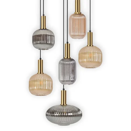 CANDEEIRO DE TECTO 6 LUZES ABAJURES COMBINADAS ÂMBAR/FUMO Ø70 E27 SHELBY