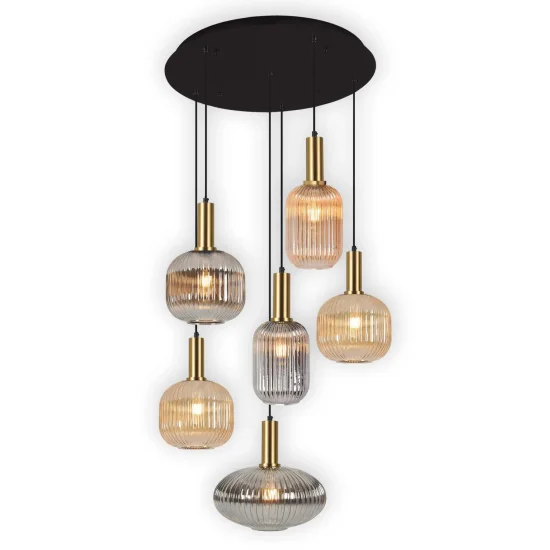 CANDEEIRO DE TECTO 6 LUZES ABAJURES COMBINADAS ÂMBAR/FUMO Ø70 E27 SHELBY 2