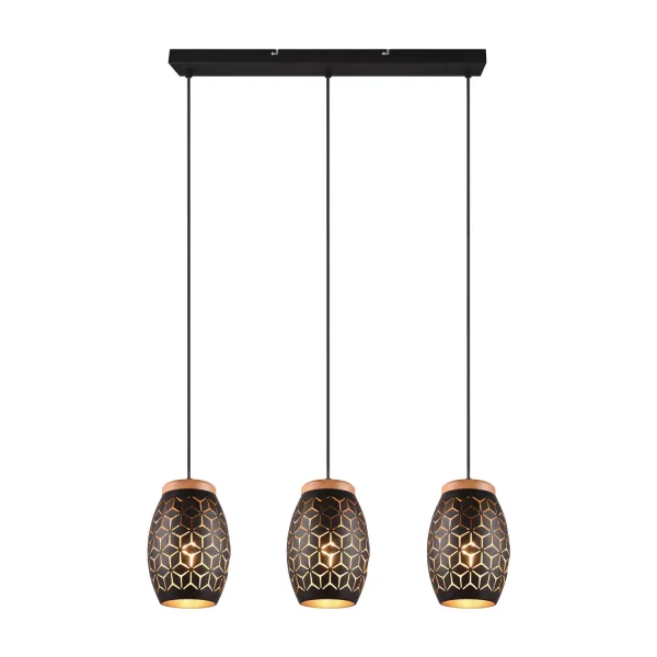 CANDEEIRO PENDENTE DE TETO 3 LUZES METAL PRETO E27 BIRKITA