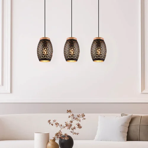 CANDEEIRO PENDENTE DE TETO 3 LUZES METAL PRETO E27 BIRKITA