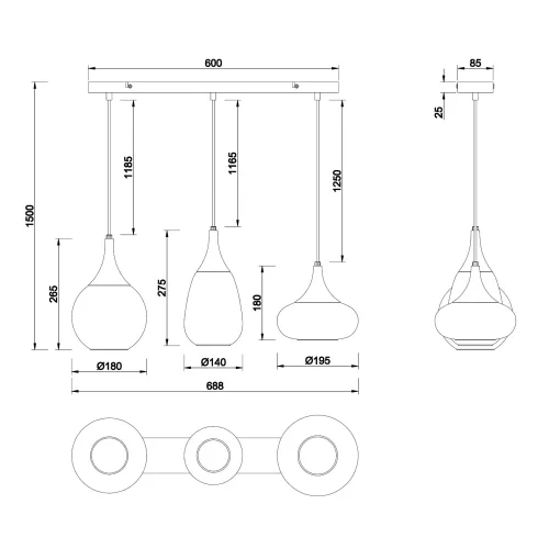 SUSPENSÃO 3 LUZES COR AÇO CROMADO E14 LESLIE