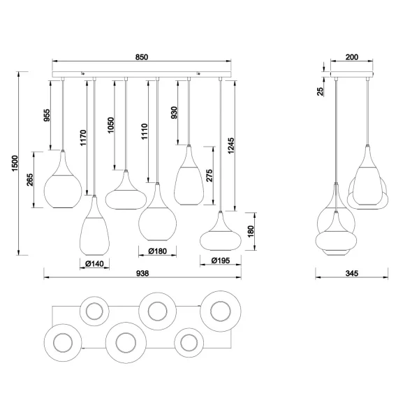CANDEEIRO DE TETO 6 LUZES COR AÇO CROMADO E14 LESLIE