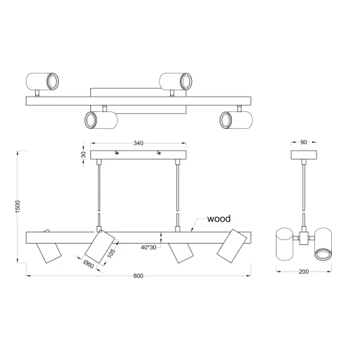 SUSPENSÃO COM 4 LUZES GU10 PRETO GRAFTON
