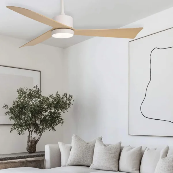 VENTILADOR DE TETO COM LUZ MOTOR DC BELICE BRANCO/MADEIRA CLARA Ø 135,2 CM