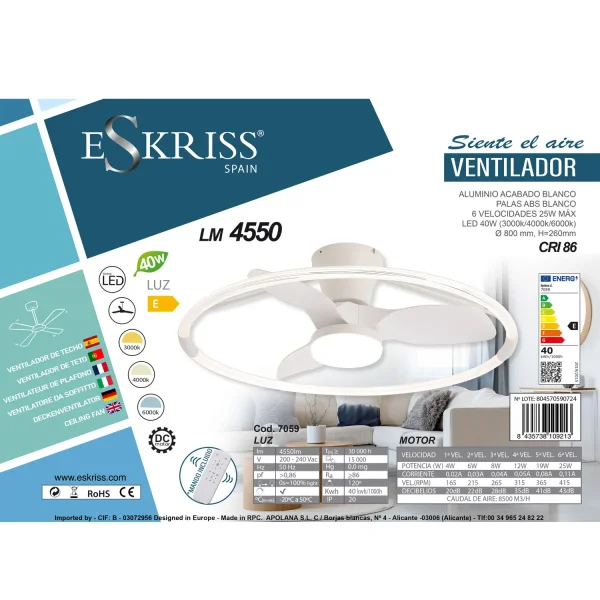 VENTILADOR DE TETO ESTILO PLAFON LED 40W 3000-6000K 3 PÁS BRANCA PIETRO