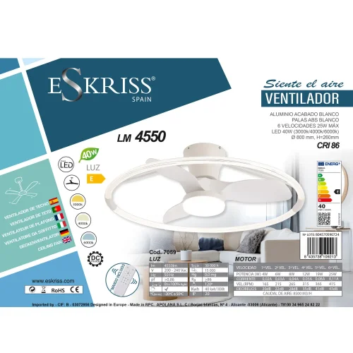 VENTILADOR DE TETO ESTILO PLAFON LED 40W 3000-6000K 3 PÁS BRANCA PIETRO