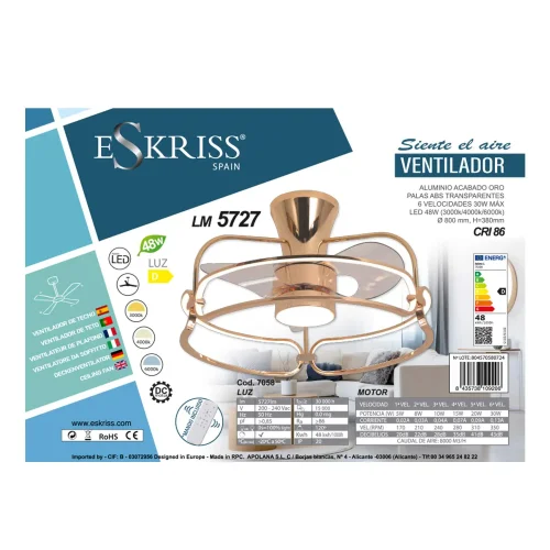 VENTILADOR DE TETO ESTILO PLAFON LED 48W 3000-6000K DOURADO BENEDICT