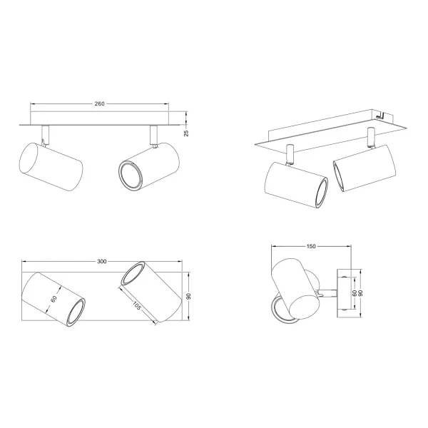 FOCO DE TETO/PAREDE 2 LUZES EM METAL COFFEE/CINZA GU10 GRAFTON
