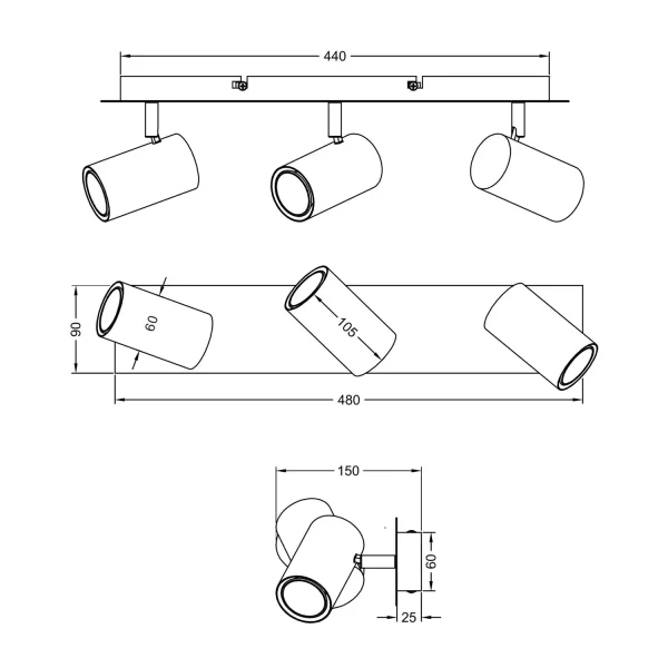FOCO DE TETO/PAREDE 3 LUZES METAL COFFEE/CINZA GU10 GRAFTON
