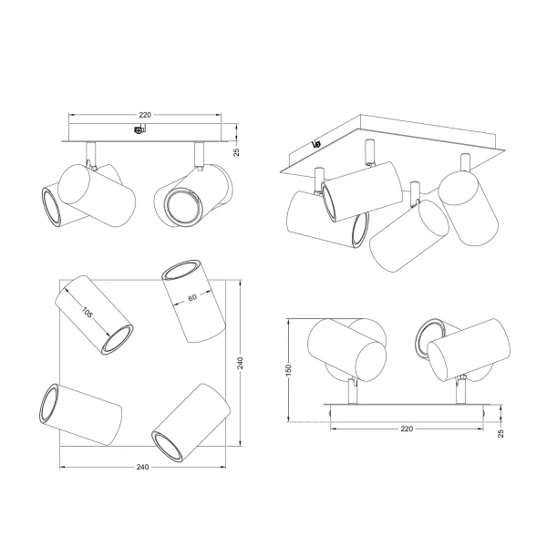 FOCO DE TETO/PAREDE 4 LUZES METAL COFFEE/GRIS GU10 GRAFTON