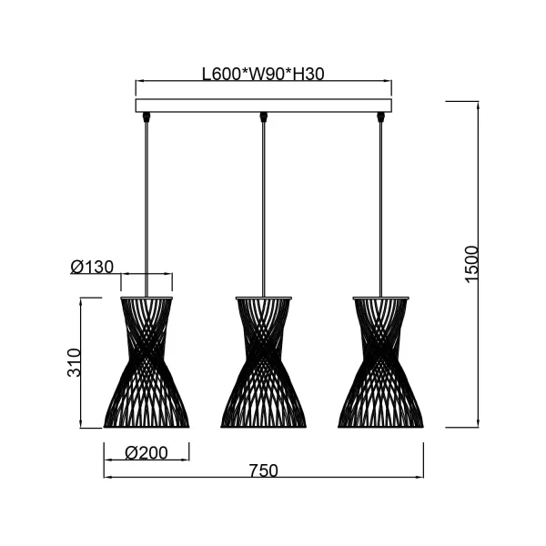 CANDEEIRO DE TETO 3 LUZES E27 PAPIERGARN CASTANHO NAHELE