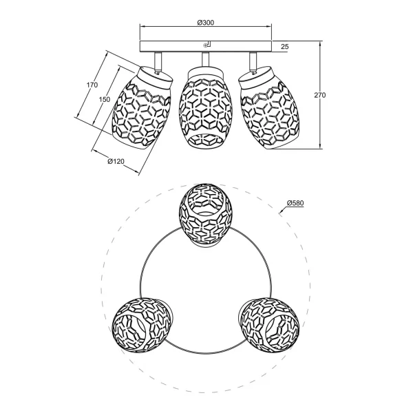 PLAFON DE TETO 3 LUZES METAL COFFEE E14 BIRKITA