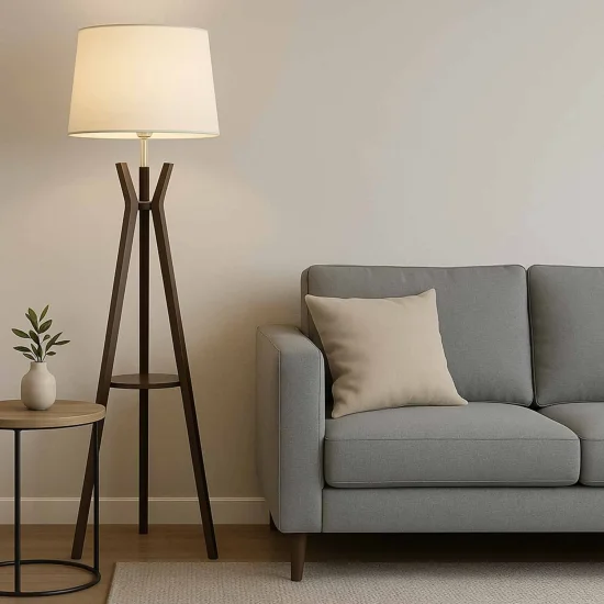 CANDEEIRO DE PÉ EM MADEIRA DE MOGNO E TECIDO Ø46CM E27 HAGEN