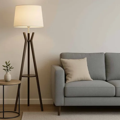 CANDEEIRO DE PÉ EM MADEIRA DE MOGNO E TECIDO Ø46CM E27 HAGEN