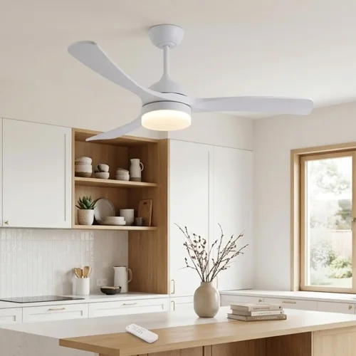 VENTILADOR DE TETO DC LED 20W PÁS EM MADEIRA BRANCO LUMINOR