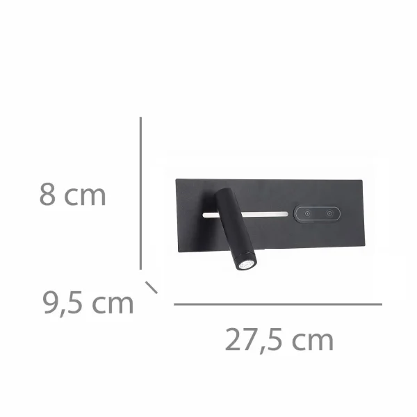 APLIQUE DE PAREDE LED 10W REGULÁVEL TÁTIL PRETO ORIENTAÇÃO ESQUERDA