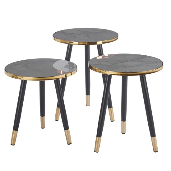 CONJUNTO DE 3 MESAS AUXILIARES TOWA PRETO/DOURADO