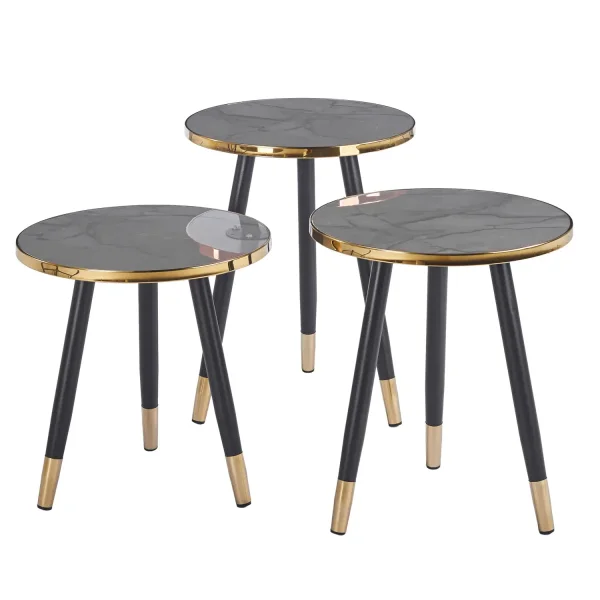 CONJUNTO DE 3 MESAS AUXILIARES TOWA PRETO/DOURADO