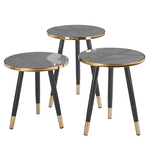 CONJUNTO DE 3 MESAS AUXILIARES TOWA PRETO/DOURADO