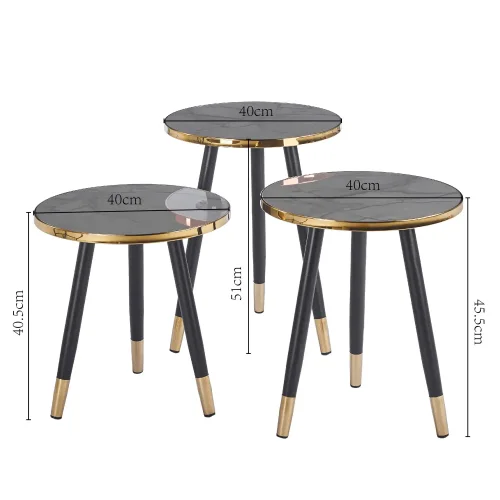 CONJUNTO DE 3 MESAS AUXILIARES TOWA PRETO/DOURADO
